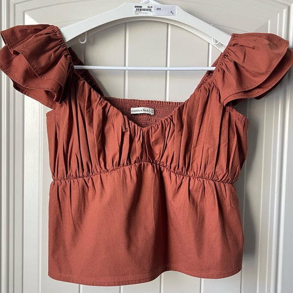 Abercrombie Brown Ruffle Poplin Top Size M Cotton Blend - Picture 2 of 9